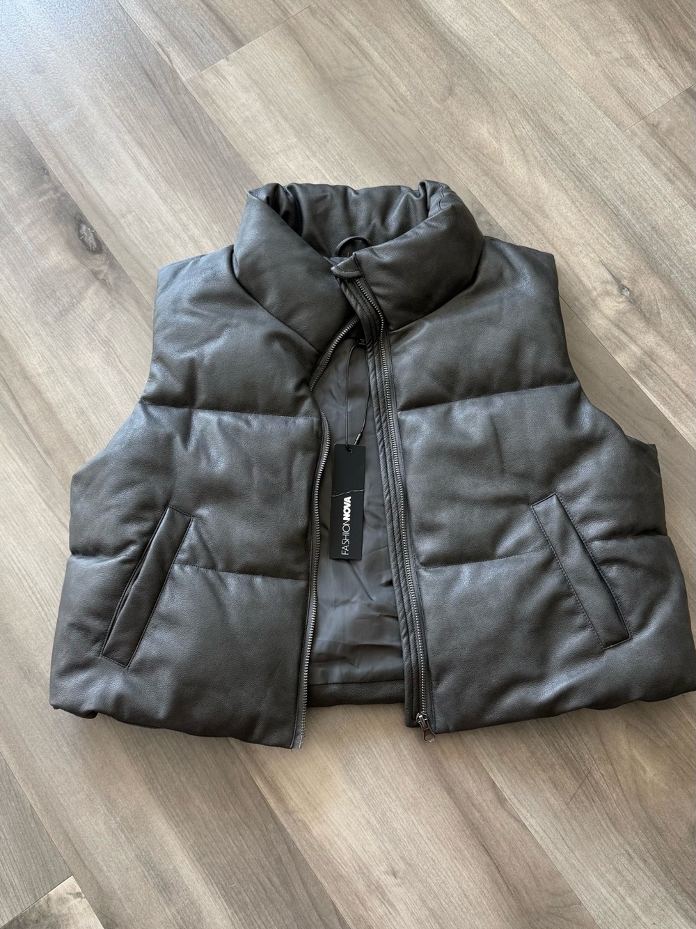 Fashion Nova Black Faux Leather Puffer Vest